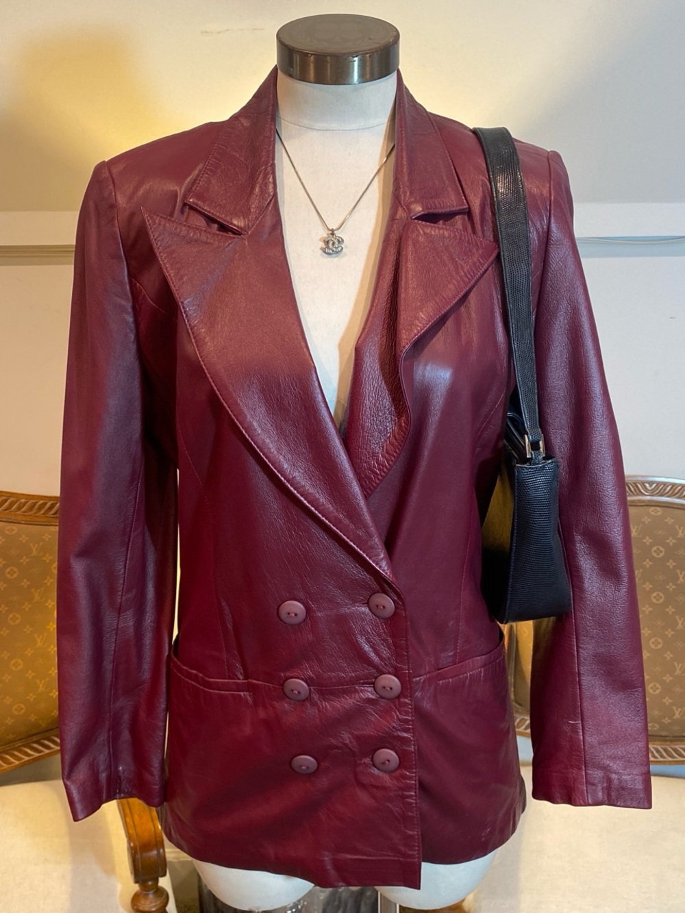 Vintage 90s Lillie Rubin Burgundy Red Leather Jacket, Double Breasted, Size S